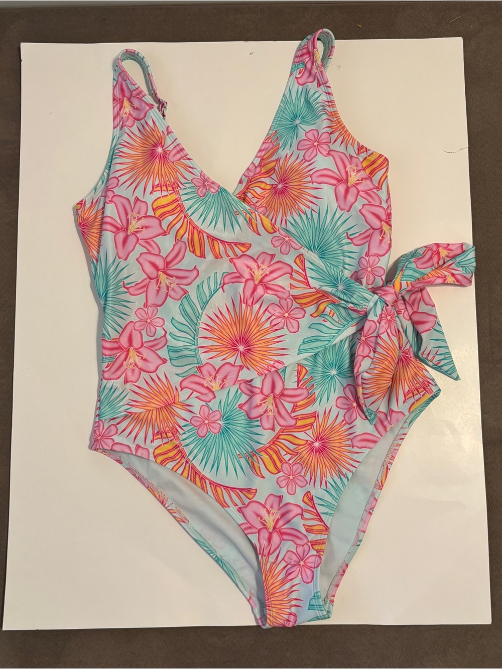 Women's One-Piece Tropical Floral Tie-Side Swimsuit - Pink/Teal
